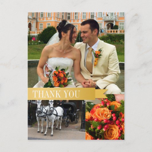 Goud lint 3 fotomontage bruiloft briefkaart (Voorkant)
