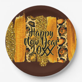 Goud & Luipaard Brush Stroke Gelukkig Nieuwjaar 20 Papieren Bordje