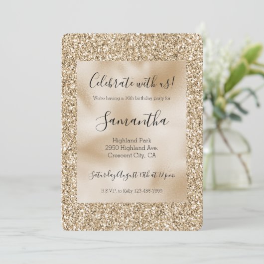 Goud Luxe Glitter Sweet 16 Kaart (Staand voorkant)