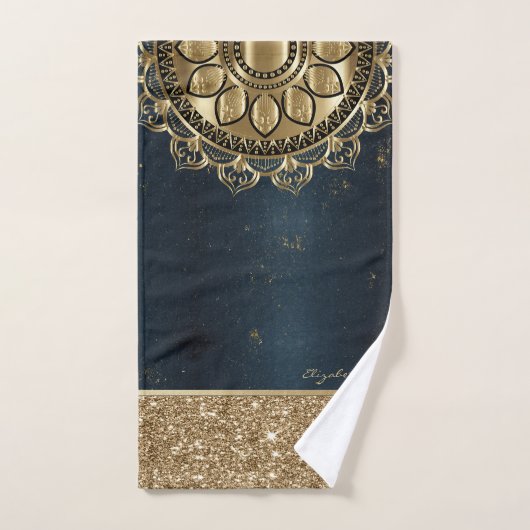 Goud Mandala, Glitter Marine Blauw Bad Handdoek (Handdoek)
