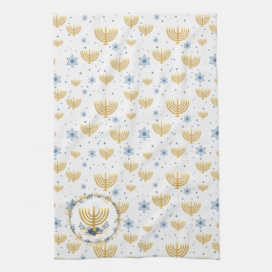 Goud & Marine Blauw Chanoeka Menorah Patroon Theedoek (Verticaal)