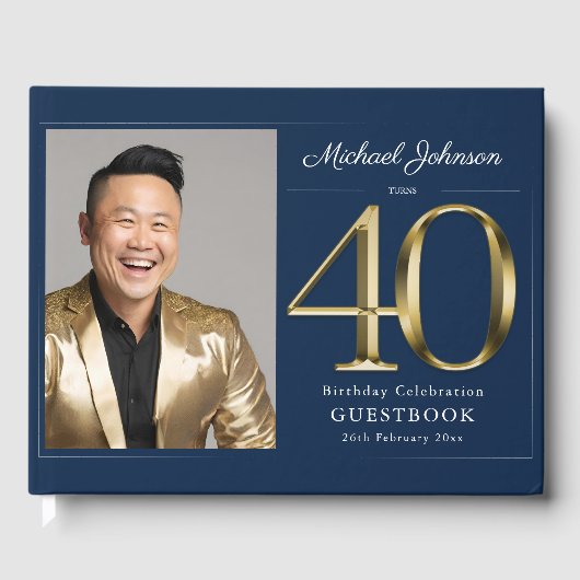 Goud Marine Blauw Custom Foto 40e Verjaardag Gastenboek (Voorkant)