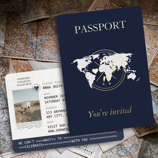 Goud & Marine Blauw Paspoort Unieke trouwfoto Folie Uitnodiging