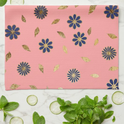  Goud Marine Blauw Roze Bloemen en Bladeren Theedoek (Gevouwen)