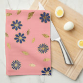  Goud Marine Blauw Roze Bloemen en Bladeren Theedoek (Quarter Fold)