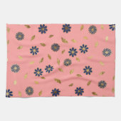  Goud Marine Blauw Roze Bloemen en Bladeren Theedoek (Horizontaal)