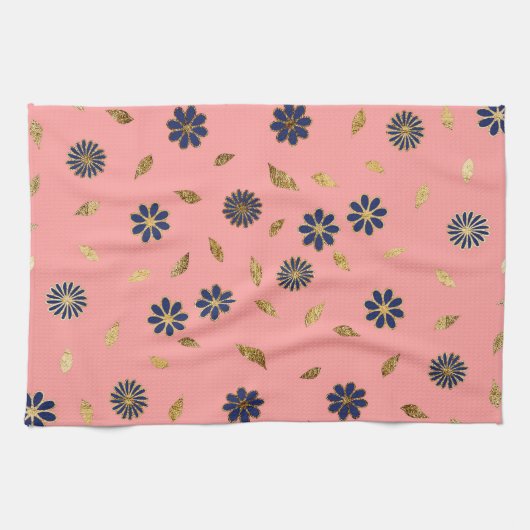  Goud Marine Blauw Roze Bloemen en Bladeren Theedoek (Horizontaal)