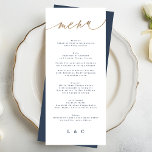 Goud Marine Blauw Wit Eenvoudige Klassieke Bruilof Menu<br><div class="desc">*Niet echte folie *Onderdeel van een collectie</div>
