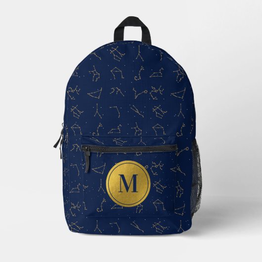 Goud & Marine Blauw Zodiac Constellations Monogram Bedrukte Rugzak (Voorkant)