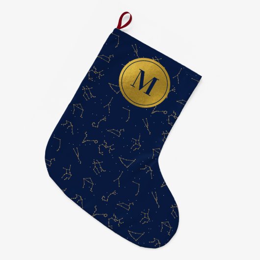 Goud & Marine Blauw Zodiac Constellations Monogram Grote Kerstsok (Voorkant (Hangend))