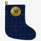 Goud & Marine Blauw Zodiac Constellations Monogram Grote Kerstsok (Voorkant)