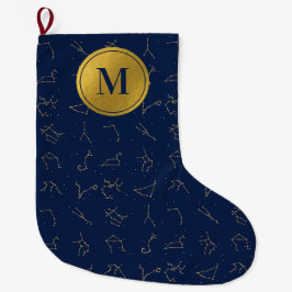 Goud & Marine Blauw Zodiac Constellations Monogram Grote Kerstsok