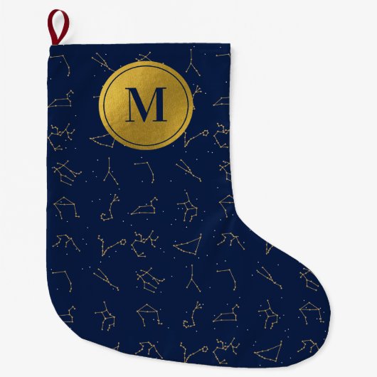 Goud & Marine Blauw Zodiac Constellations Monogram Grote Kerstsok (Voorkant)