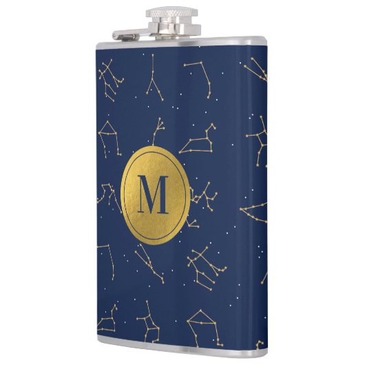 Goud & Marine Blauw Zodiac Constellations Monogram Heupfles (Links)