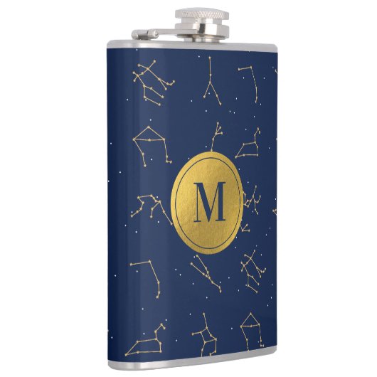 Goud & Marine Blauw Zodiac Constellations Monogram Heupfles (Rechts)