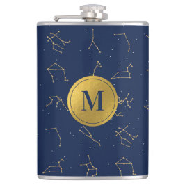 Goud & Marine Blauw Zodiac Constellations Monogram Heupfles
