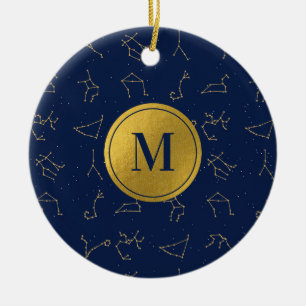 Goud & Marine Blauw Zodiac Constellations Monogram Keramisch Ornament