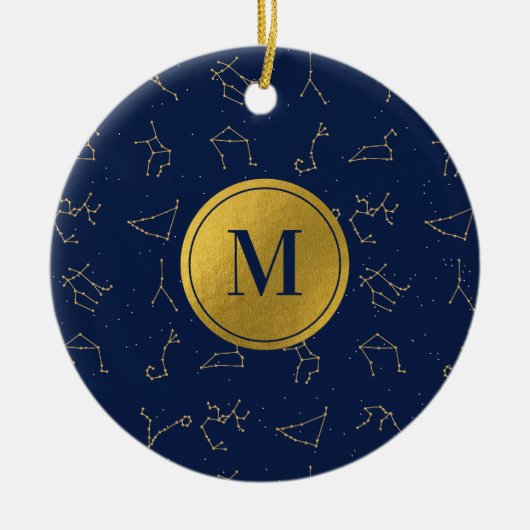 Goud & Marine Blauw Zodiac Constellations Monogram Keramisch Ornament (Voorkant)