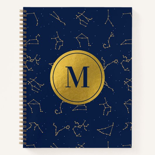 Goud & Marine Blauw Zodiac Constellations Monogram Notitieboek (Voorkant)
