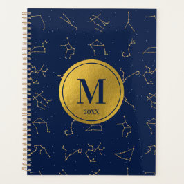 Goud & Marine Blauw Zodiac Constellations Monogram Planner