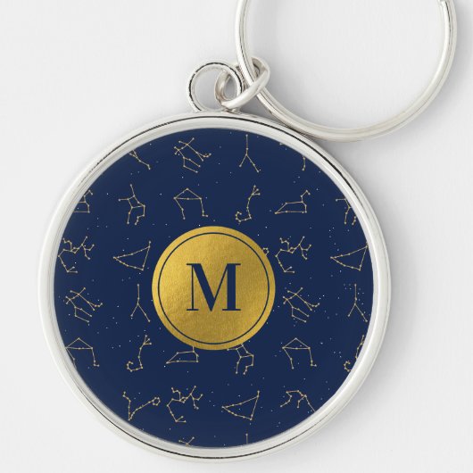 Goud & Marine Blauw Zodiac Constellations Monogram Sleutelhanger (Voorkant)