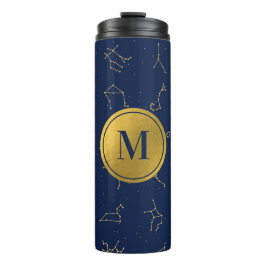Goud & Marine Blauw Zodiac Constellations Monogram Thermosbeker