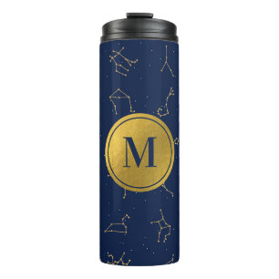 Goud & Marine Blauw Zodiac Constellations Monogram Thermosbeker