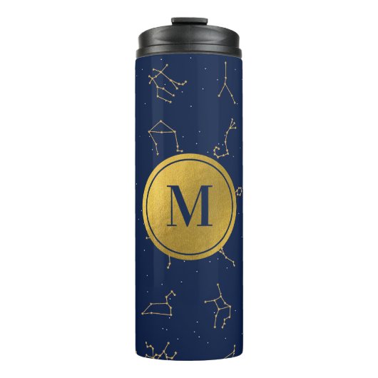 Goud & Marine Blauw Zodiac Constellations Monogram Thermosbeker (Voorkant)