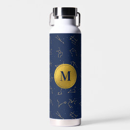 Goud & Marine Blauw Zodiac Constellations Monogram Waterfles