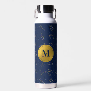 Goud & Marine Blauw Zodiac Constellations Monogram Waterfles