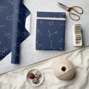 Goud & Marine Blauw Zodiac Constellations Patroon Cadeaupapier