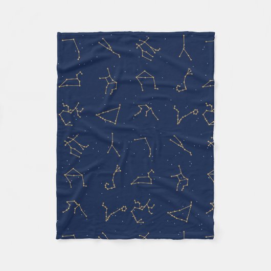 Goud & Marine Blauw Zodiac Constellations Patroon Fleece Deken (Voorkant)
