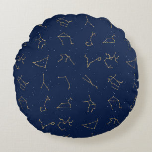 Goud & Marine Blauw Zodiac Constellations Patroon Rond Kussen