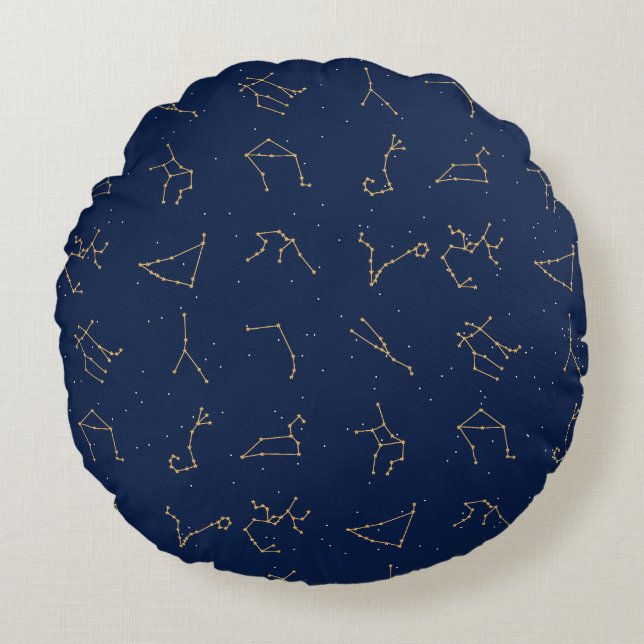 Goud & Marine Blauw Zodiac Constellations Patroon Rond Kussen (Voorkant)