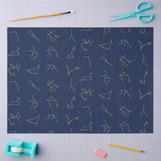 Goud & Marine Blauw Zodiac Constellations Patroon Tissuepapier (Craft)