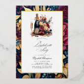 Goud, Marine & Bourgogne Wijnproeverij Bachelorett Folie Uitnodiging (Voorkant)