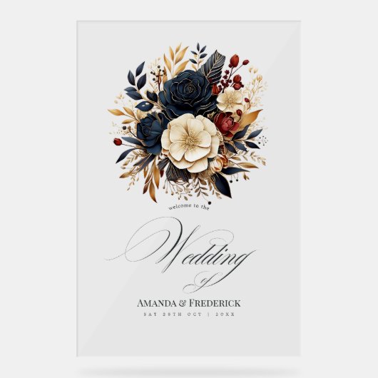 Goud, Marine en Bourgondische Bloemen Huwelijk Wel Acryl Bord (Voorkant)