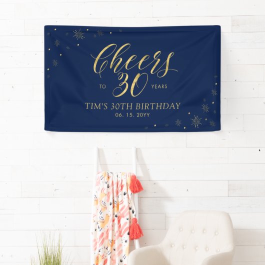 Goud & Marine Modern Proost 30e verjaardag Party Spandoek (Insitu)
