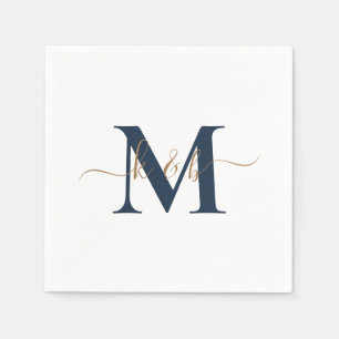 Goud & Marine Monogram Swash Script Witte Cocktail Servet