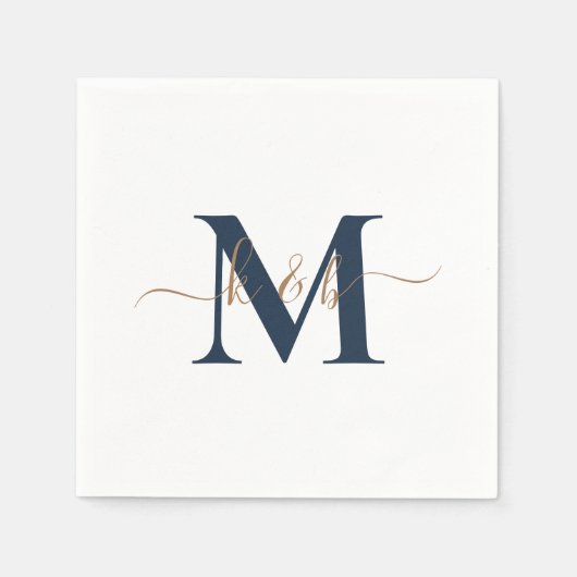 Goud & Marine Monogram Swash Script Witte Cocktail Servet (Voorkant)