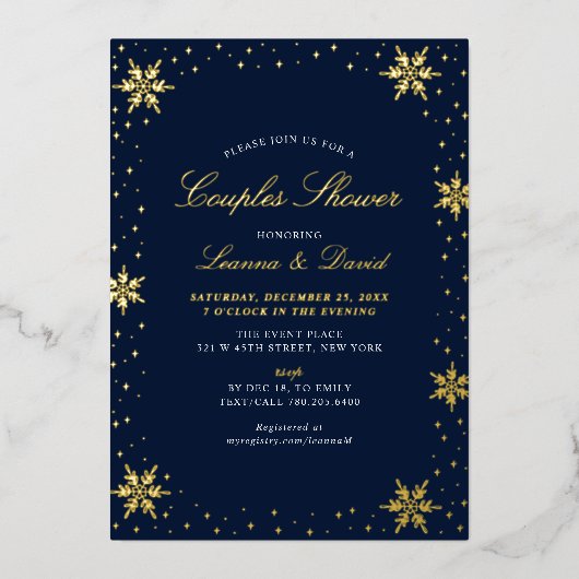 Goud & Marine Winter Sneeuw Koppels Bruiloft Douch Folie Uitnodiging (Voorkant)