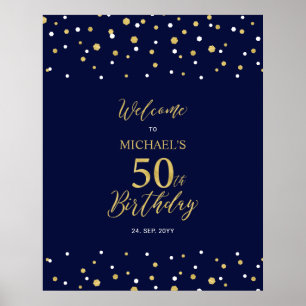 Goud & Marineblauw Confetti 50e Verjaardagsfeest W Poster