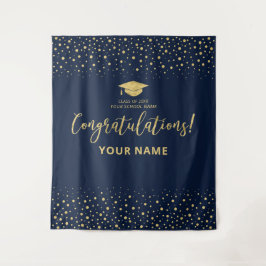 Goud & Marineblauw Confetti | Afstudeerfelicitatie Wandkleed