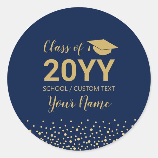 Goud & marineblauw | Confetti Graduation Party Fav Ronde Sticker (Voorkant)
