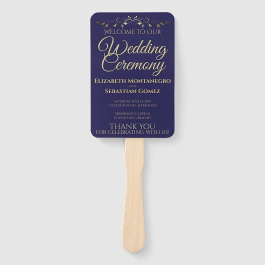 Goud & marineblauw Elegant Bloeiend Huwelijk Progr Handwaaier (Voorkant)