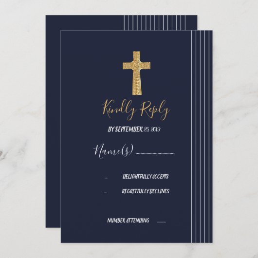 Goud marineblauw elegante typografie RSVP Kaart (Voorkant / Achterkant)