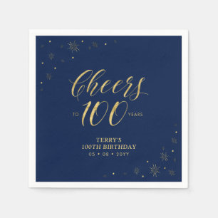 Goud & Marineblauw   Modern Cheers 100ste Verjaard Servet