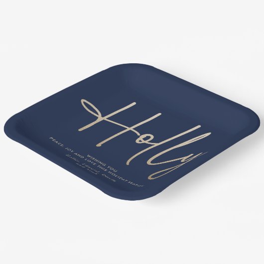 Goud marineblauw modern minimal script elegant papieren bordje (Gebogen)