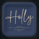 Goud marineblauw modern minimal script elegant papieren bordje<br><div class="desc">Gouden effect en marineblauw modern minimaal script elegant eenvoudige geometrische holly vakantie Kerstmis servet ontwerp.</div>