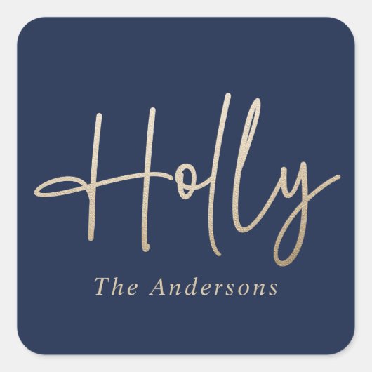 Goud marineblauw modern minimal script elegant vierkante sticker (Voorkant)